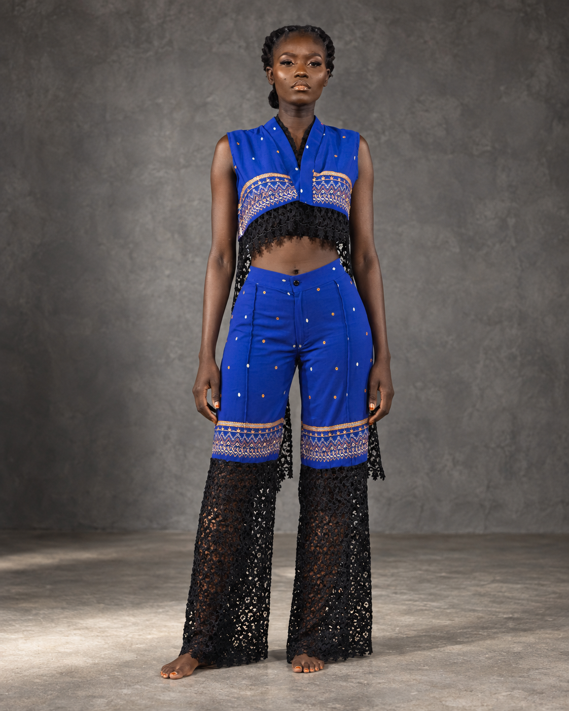Model wearing the MWAMI Sahel eyelet embroidered lace set, front view