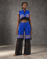 Model wearing the MWAMI Sahel eyelet embroidered lace set, front view