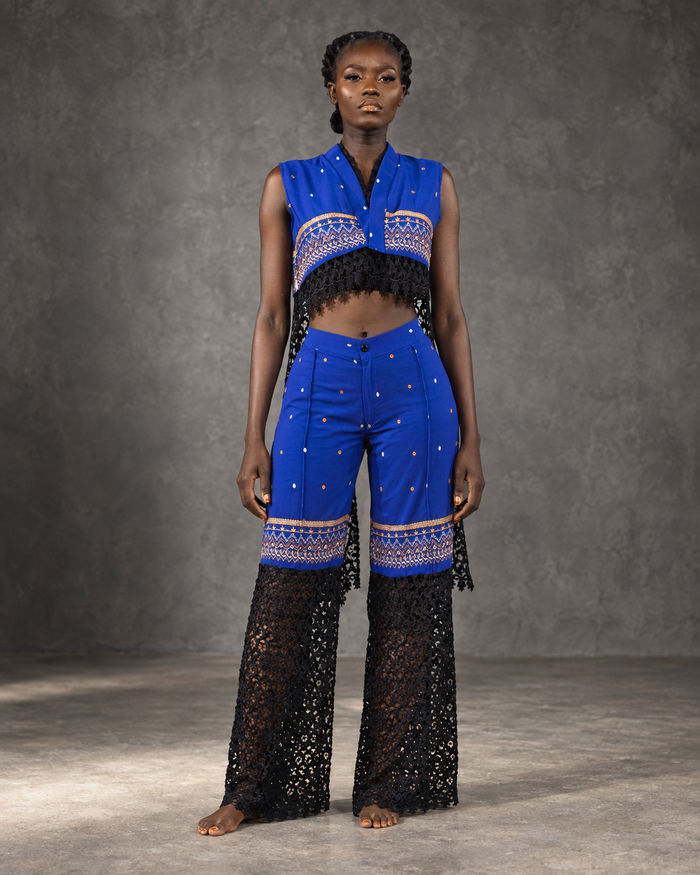 Model wearing the MWAMI Sahel eyelet embroidered lace set, front view