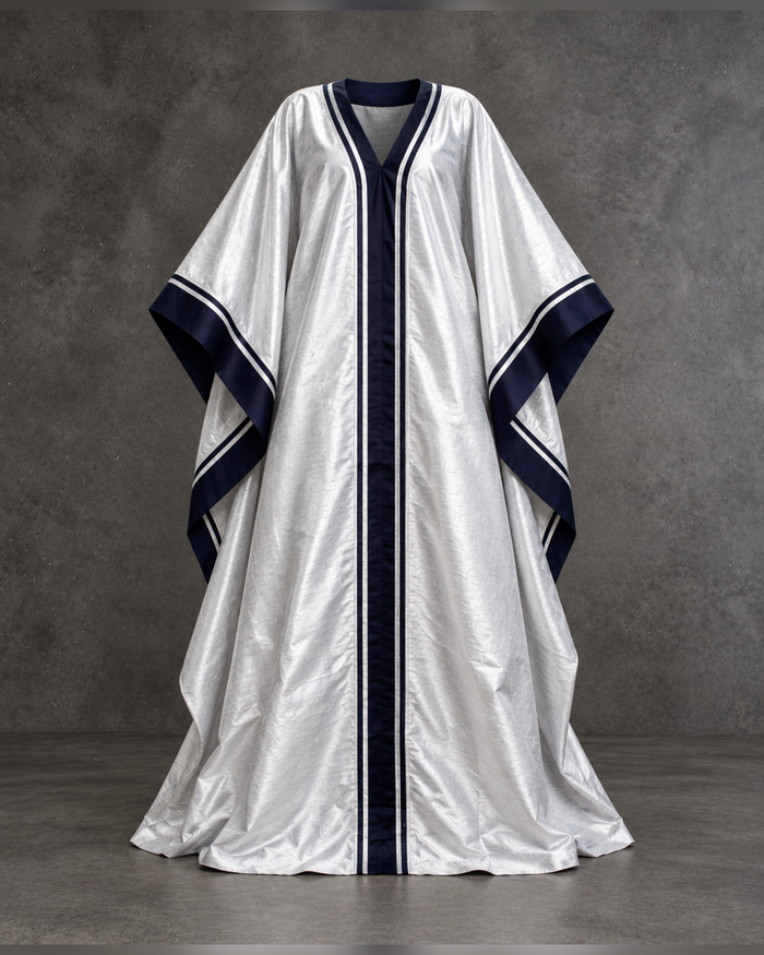 Plateau Silver shantung silk boubou with navy trim, front view