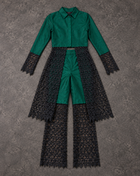 Flat lay of the emerald shantung shirt with lace skirt and lace flared trousers