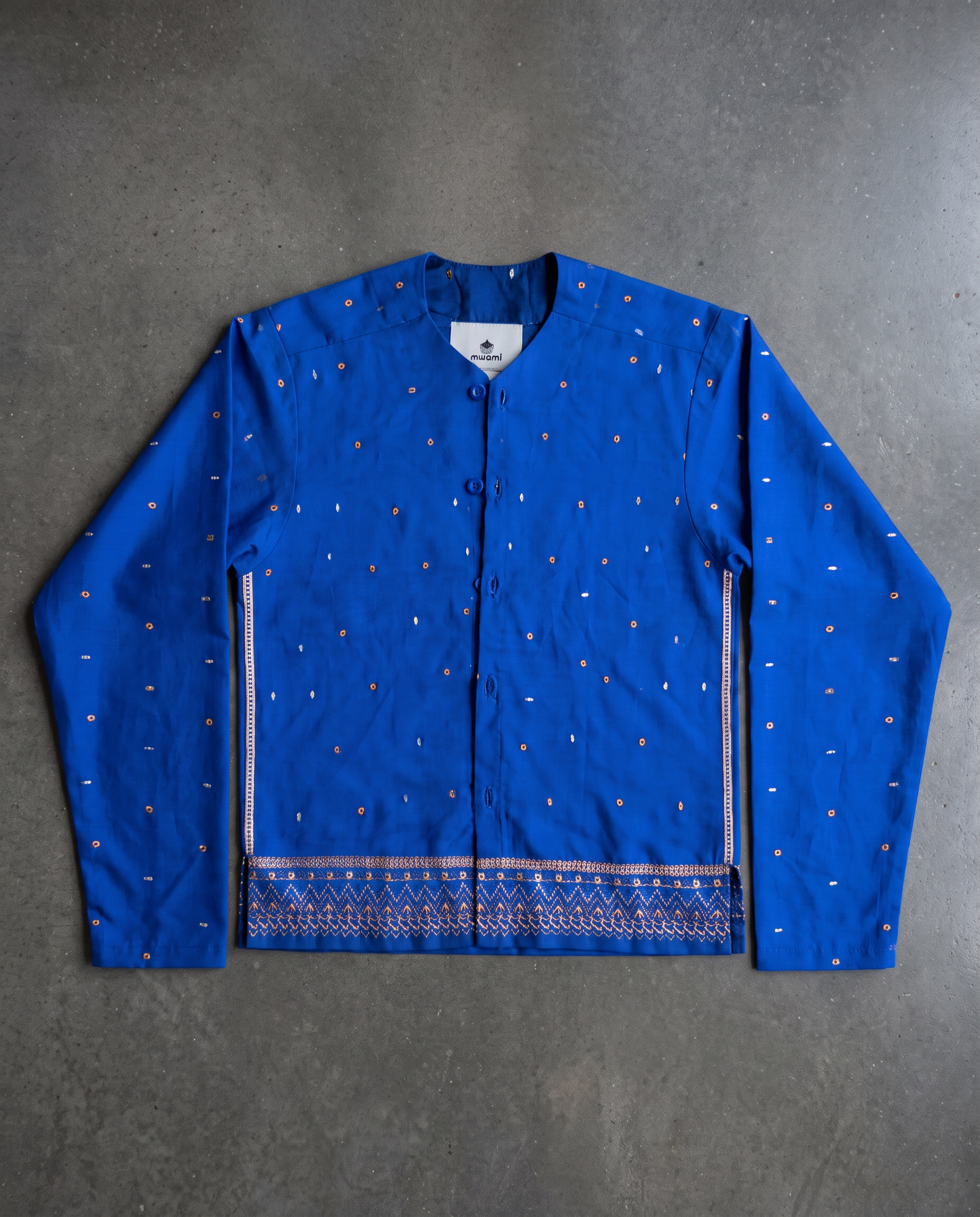 Cobalt long sleeve embroidered overshirt flat lay