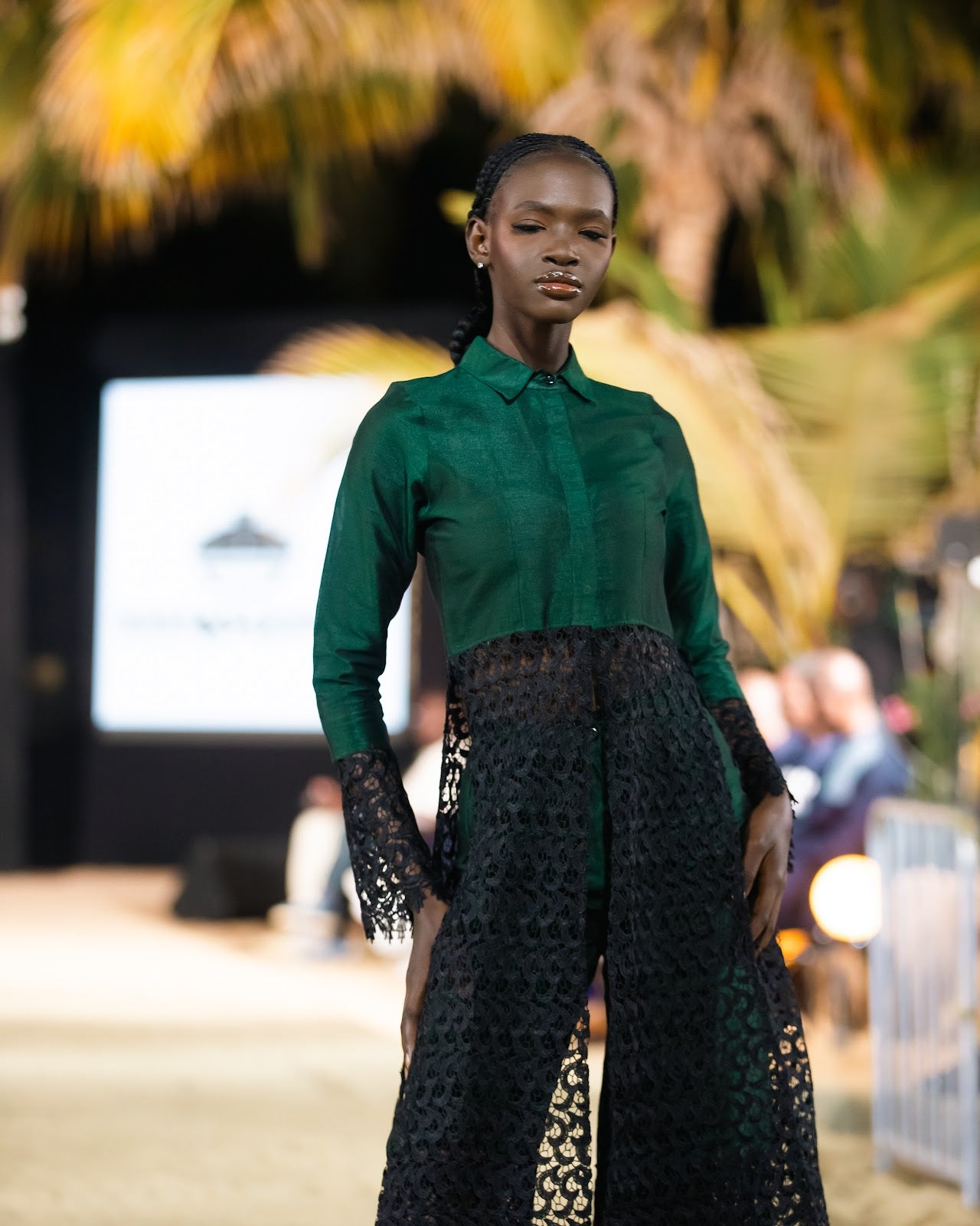 Emerald shantung shirt and lace trousers on the Harmattan '25 runway