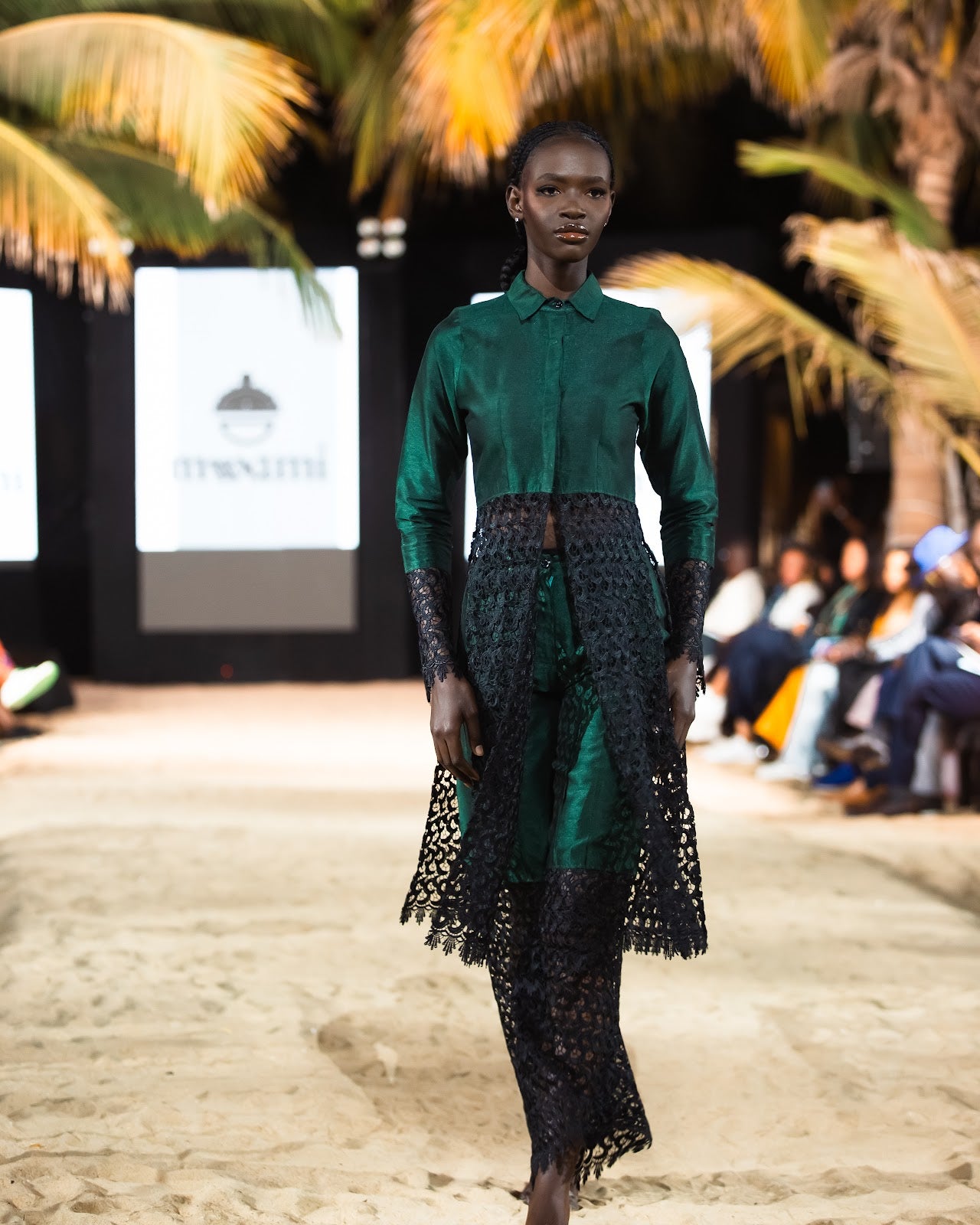 Emerald shantung silk and lace set walking the Harmattan '25 runway