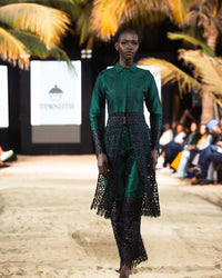 Emerald shantung silk and lace set walking the Harmattan '25 runway