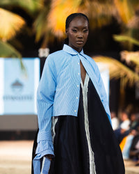 Cropped pinstripe shirt on the MWAMI Harmattan '25 runway