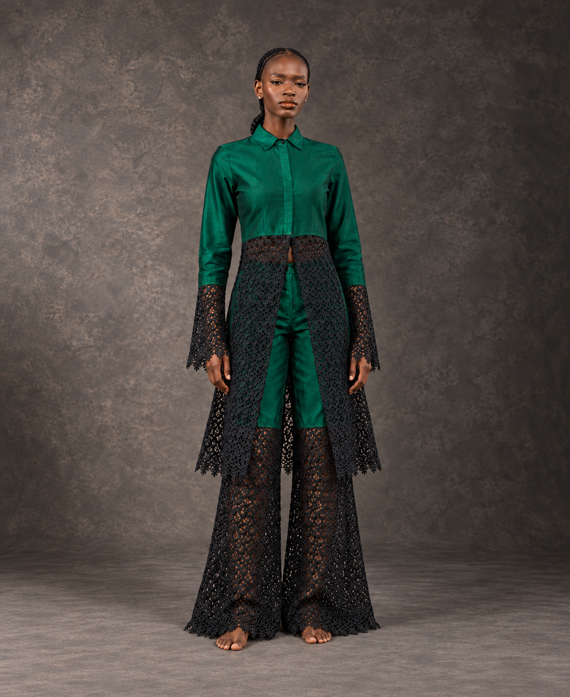 MWAMI Harmattan '25 emerald shantung silk and black lace set, studio front view
