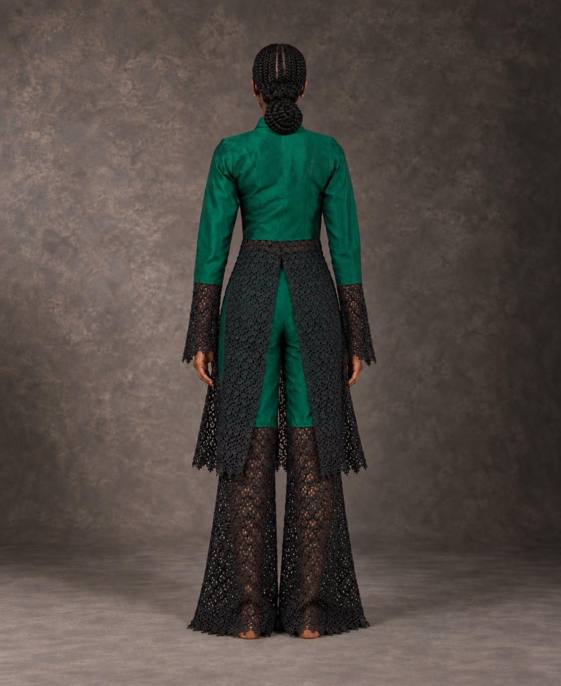 Back view of the emerald shantung silk and lace set