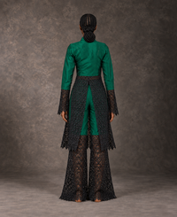 Back view of the emerald shantung silk and lace set