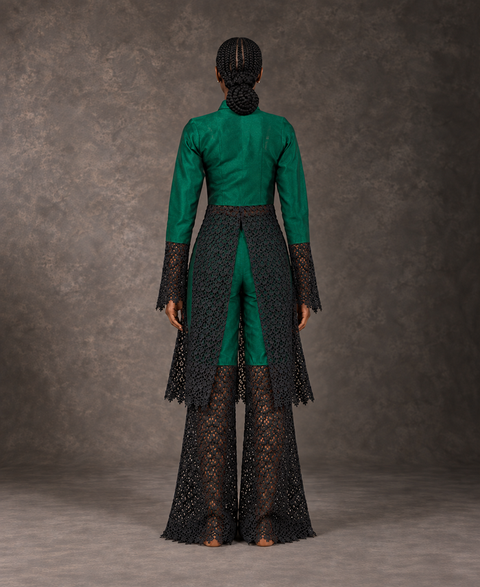 Back view of the emerald shantung silk and lace set