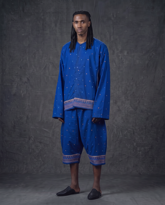 MWAMI cobalt embroidered three piece set, Harmattan 25, studio front view