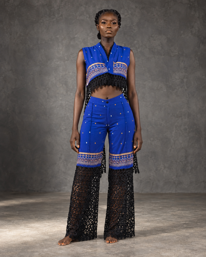 Model wearing the MWAMI Sahel eyelet embroidered lace set, front view